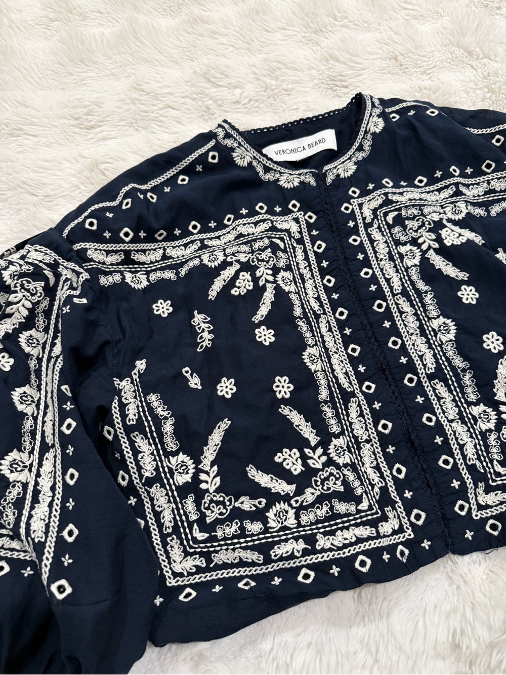 VERONICA BEARD Navy Embroidered Cropped Jacket